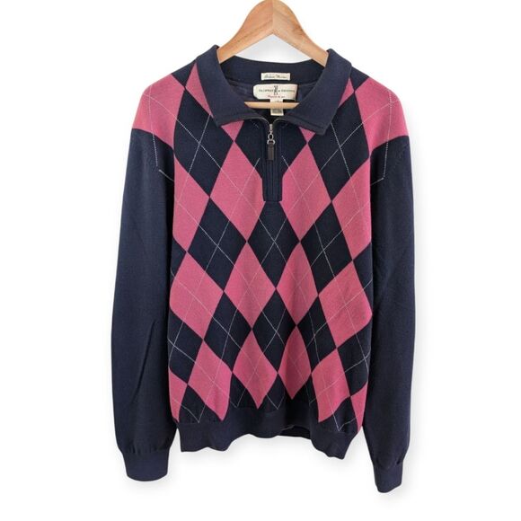 Fairway & Greene Merino Wool Lined Argyle 1/4 Zip Sweater Large - Picture 1 of 12